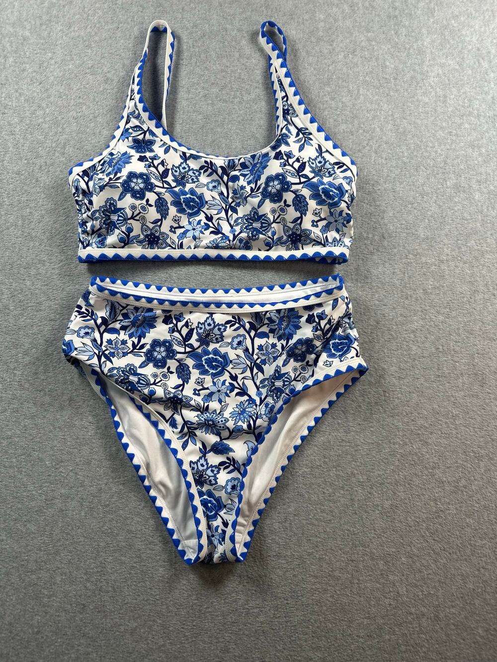 Greek Moroccan Inspired Bottom & Top Bikini Set Women's Medium Blue White Floral